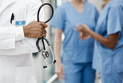 Buy stock photo Healthcare, medicine and doctor with stethoscope in hand and boss at hospital or clinic cropped. Help, success and support, confident team leader medical professional or health care employee at work.
