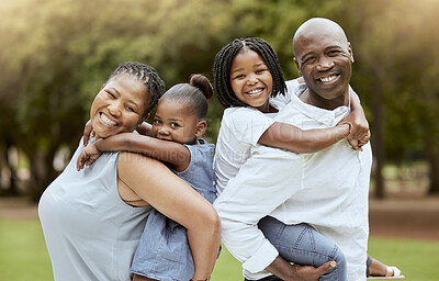 Buy stock photo Black family, piggyback or bonding in nature park, sustainability garden or grass environment in trust or love security. Portrait, smile or happy black woman, father and fun children in kids backyard