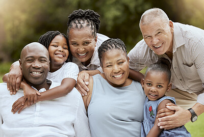 Buy stock photo Big family, smile and portrait at park on vacation, holiday or summer trip. Love, black family and grandparents, kids and mother, father and interracial couple enjoying quality time together outdoors