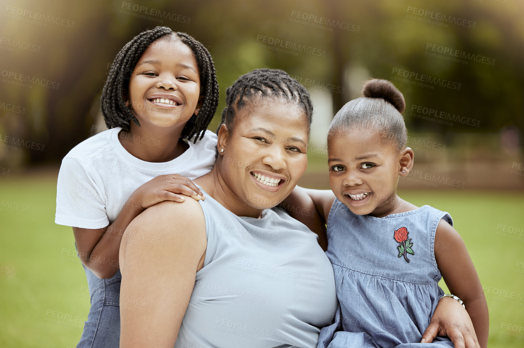 Buy stock photo Black woman, children and nature park of a family together with a smile and hug bonding outdoor. Portrait of mother, garden and girl siblings with happiness, love and care feeling positive in summer