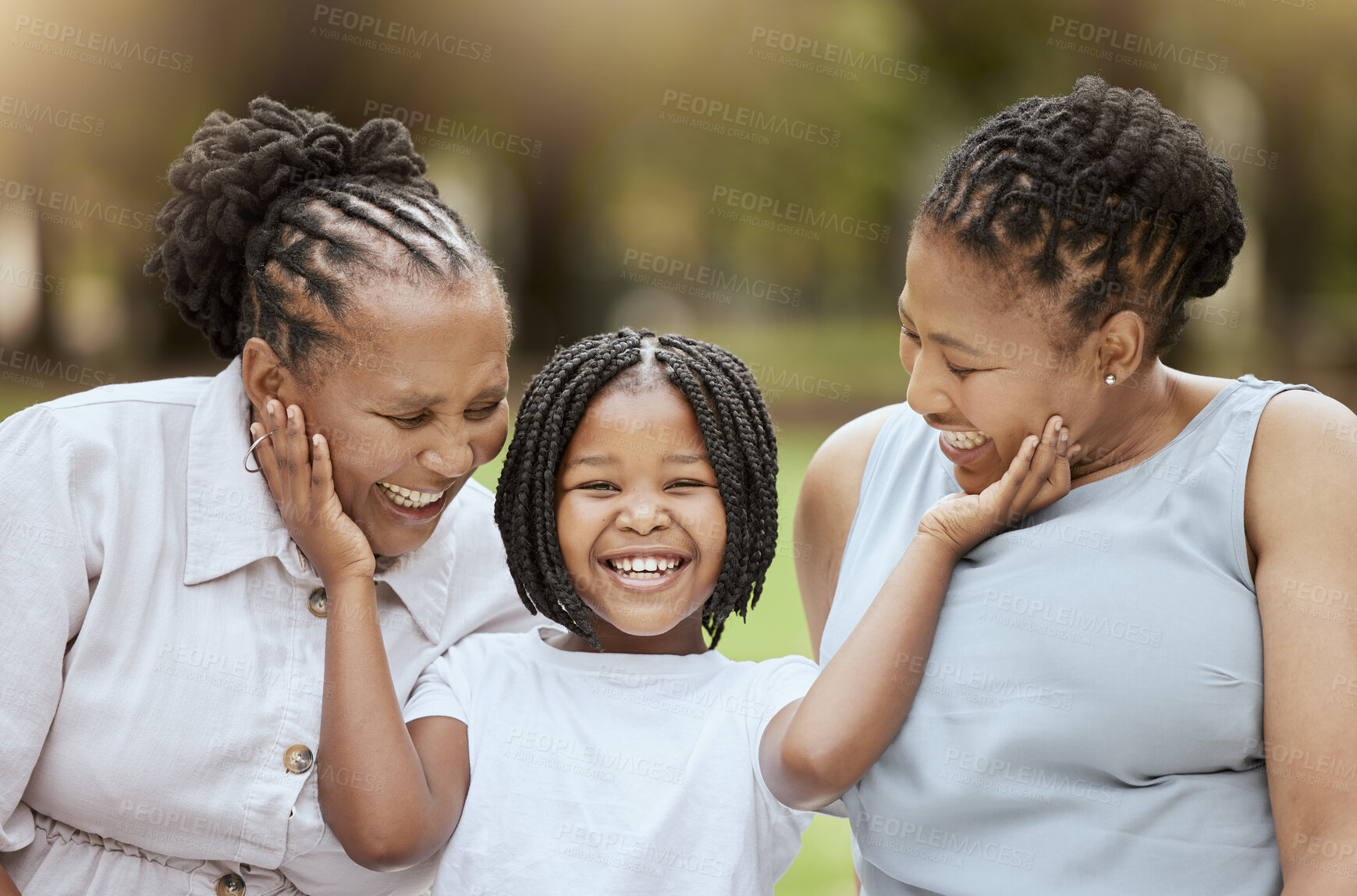 Buy stock photo Mother, grandmother and child in garden, happy family sitting on grass, generations at picnic in park. Black family, women and small girl in nature together with love and support from mom and grandma
