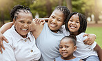Black family hug of children, mother and grandmother relax together in nature park for freedom, fun quality time and bonding. Love, peace and generations portrait of cute happy kids, mom and grandma