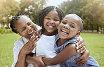 Love, black family hug and grandmother with children enjoy outdoor quality time together, peace or nature park freedom. Fun kids, bond and portrait of excited sisters play with grandma on grass field