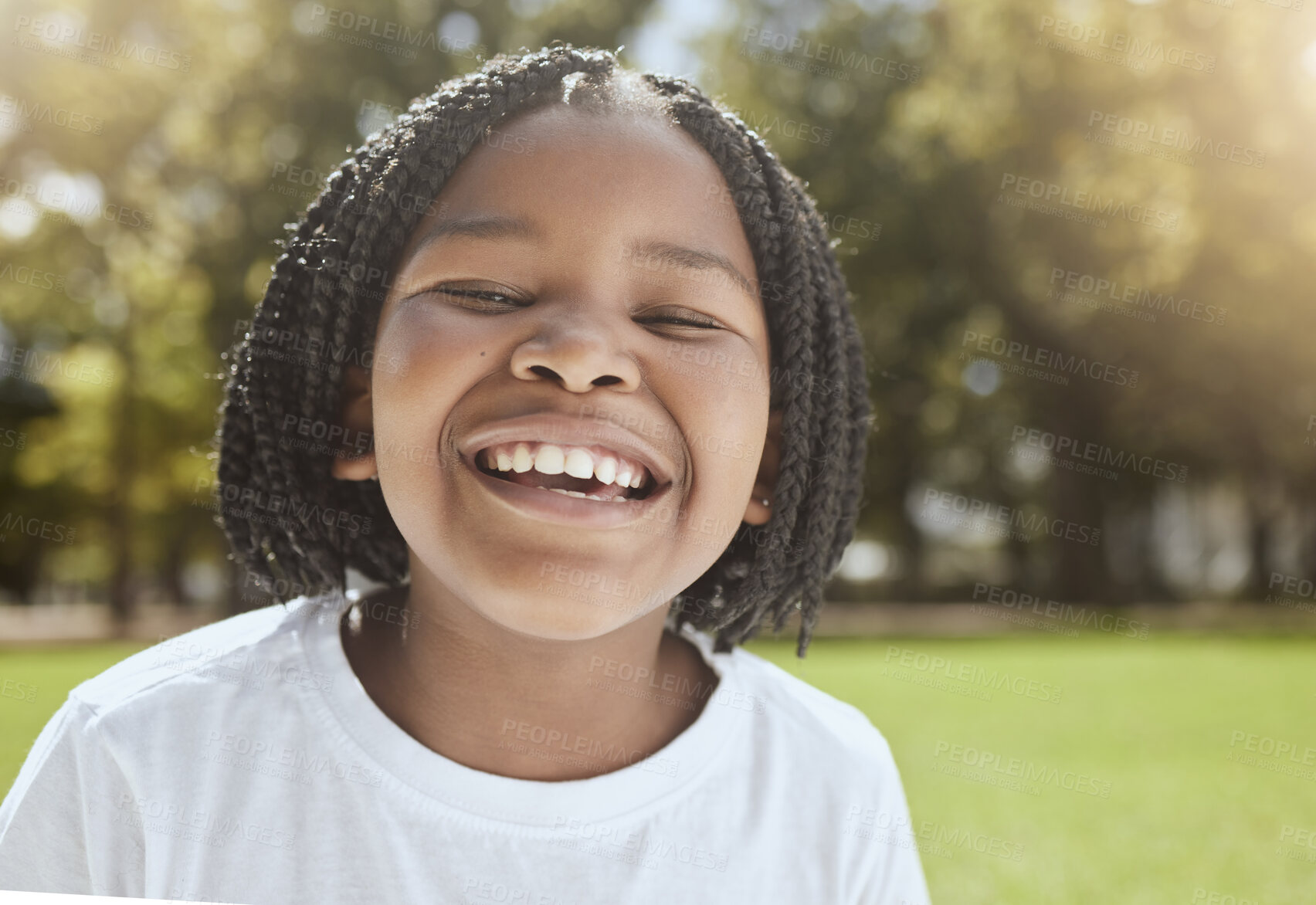 Buy stock photo Happy, summer and black kid portrait in park excited for holiday fun in South African sunshine. Wellness, happiness and joy of young child ready for outdoor sun in nature with cheerful smile.