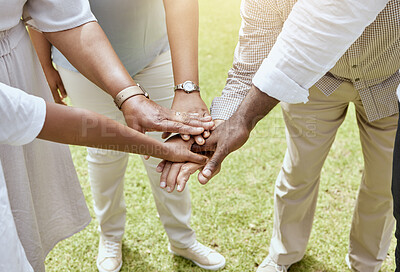 Buy stock photo Hands, together with team and support, solidarity and trust with collaboration and community outdoor. Unity, teamwork with team building and diversity, motivation and partnership between people.