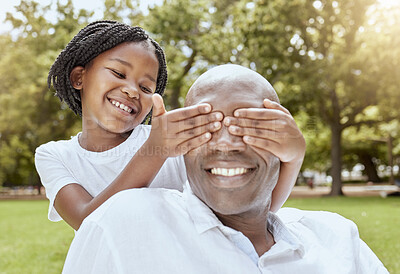 Buy stock photo Park, surprise and girl with happy dad, hands over eyes and playing at picnic in garden. Nature, love and family, young child and black man on grass for family fun in summer, spending time together.
