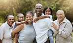 Black family, portrait or bonding in nature park, sustainability environment or countryside garden field in fun summer break. Smile, happy children or kids with mother, father and senior grandparents