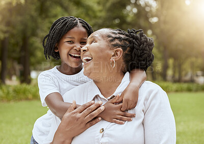 Buy stock photo Love, family and child and mature woman hug in nature garden and park for affection hugging. Grandchild, grandmother and loving embrace outside in a green field for bonding in summer yard