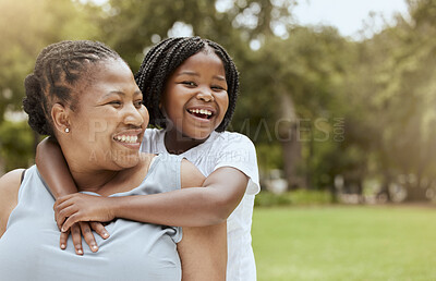 Buy stock photo Black family, nature and child hug mother while relax in grass field park for bonding, mockup and quality time together. Love, youth child care and freedom for happy kid girl with mom, mama or parent