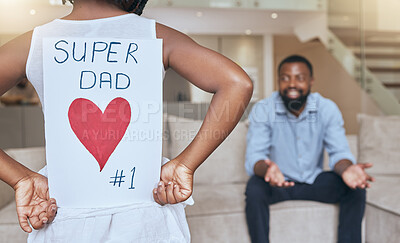 Buy stock photo Fathers day, black man and girl with card for celebrating special event with father and daughter. Family, love and kid with dad to celebrate loving care with heart gift note at home for happy day