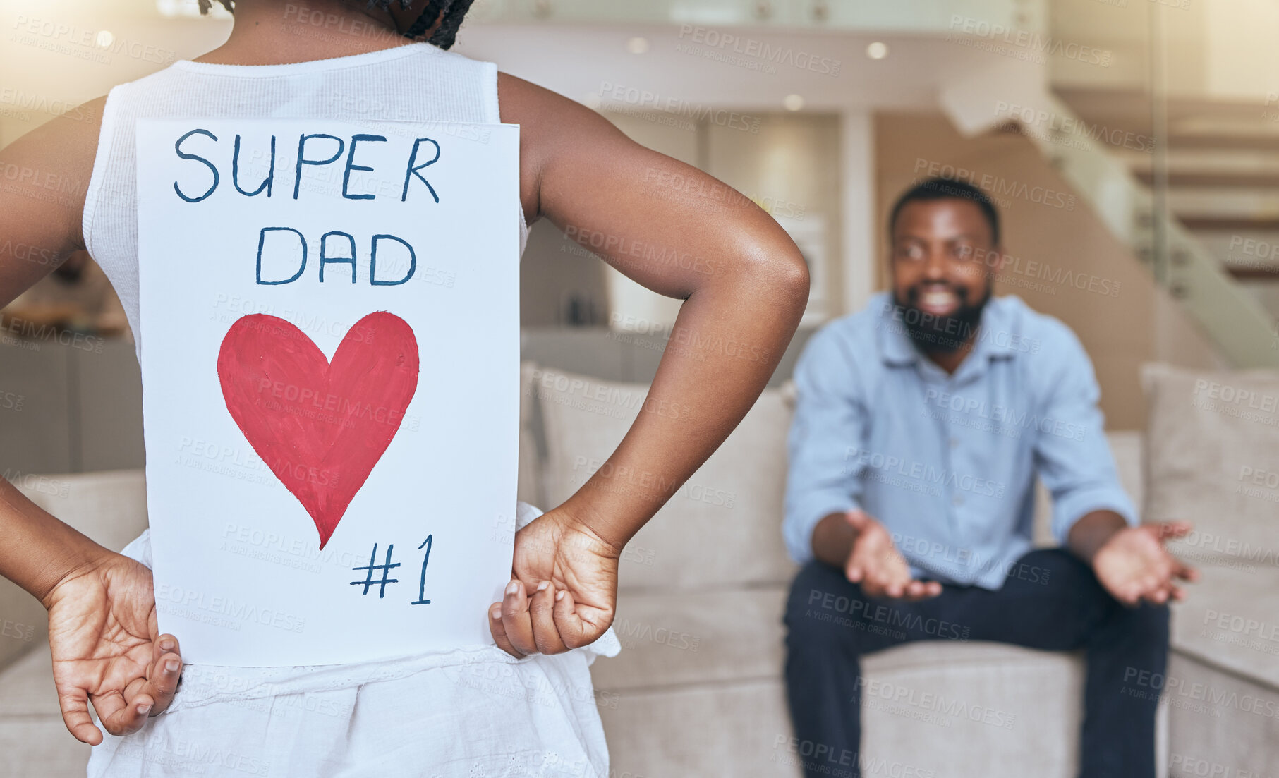 Buy stock photo Fathers day, black man and girl with card for celebrating special event with father and daughter. Family, love and kid with dad to celebrate loving care with heart gift note at home for happy day