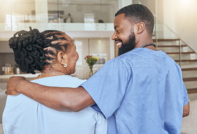 Buy stock photo Support, care and nurse with a senior black woman for healthcare, medical trust and consultation in a nursing home. Back of African man in medicine helping elderly patient while consulting at house