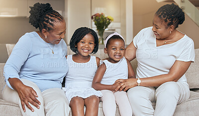Buy stock photo Black family on sofa, children smile with grandmother in living room and portrait in Chicago home. Happy mom loves young kids, relax together on couch with girl and elderly woman support on weekend
