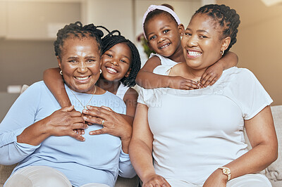 Buy stock photo Portrait of black family, mom and children smile with grandma on sofa of modern African living room with love, happiness and bonding together. Quality time, big family hug and people on home vacation