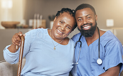 Buy stock photo Nurse, senior black woman and doctor or caregiver hugging for support, love and gratitude in nursing home. Smile, healthcare worker and happy African elderly person with a cane for a disability 
