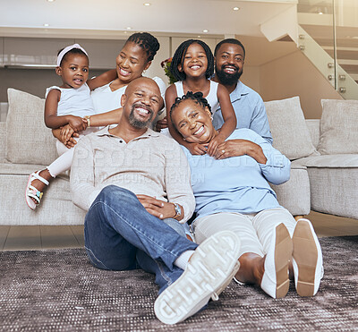 Buy stock photo Portrait, big family and african american people bonding with love, care and affection in a family home. Generations, grandmother and grandfather with children and parents at home while relaxing