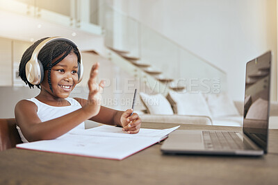 Buy stock photo Elearning, wave and African girl on a video call for education, knowledge and school with a laptop. Communication, studying and student greeting on a virtual class for knowldge on a pc with books