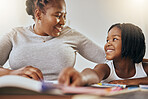Mother with young girl, learning with books in home and studying for test in Kenya. Homeschooling education, happy child writing homework and mama helping daughter with knowledge development