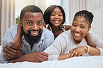 Black family, portrait or bonding on bed in house, home bedroom or hotel in trust, love or security for mothers day or fathers day. Smile, hug and happy girl, child or daughter with mother and father