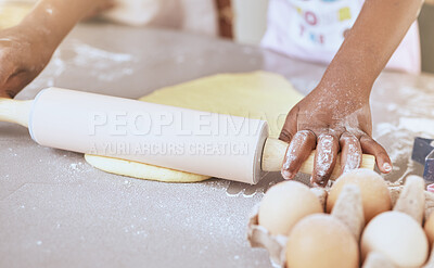 Buy stock photo Child, baking and cooking with hands on table with rolling pin for pizza, pastry or cookie dough on messy kitchen counter with flour and eggs. Learning, hobby and girl learning skill to cook at, home