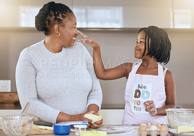 Buy stock photo Happy, mother and child learning cooking or bake cake in kitchen at home. Family, breakfast nutrition and mom reaching kid or chef development activity together, love and quality time conversation
