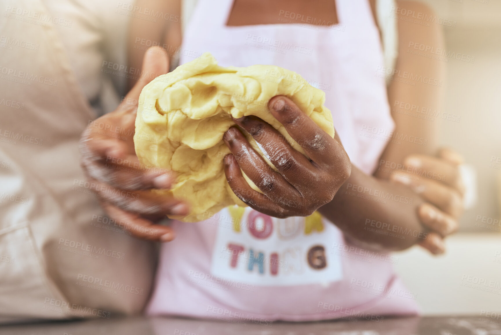 Buy stock photo Child, hands and dough with mother in kitchen for learning, cooking or baking in home together. Closeup, cooking and girl with mom, baker and teaching preparation of cake, cookie or biscuit in house