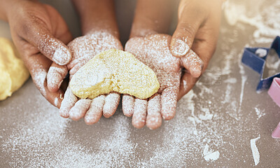 Buy stock photo Heart, love with hands and bake with dough, teaching and learning baking skill, parent and child together making cookies. Family, bonding and learn for development with flour, baker and quality time.