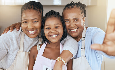 Buy stock photo Black family, selfie and cooking in home kitchen with help, apron and happiness with girl, mother and grandmother for bonding time. Portrait and smile of child, woman and senior together for support