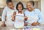 Happy family, child and cooking in kitchen together for bonding or learning development activity. Black family, grandmother and mother teaching kid baking skills for independence in retiement home