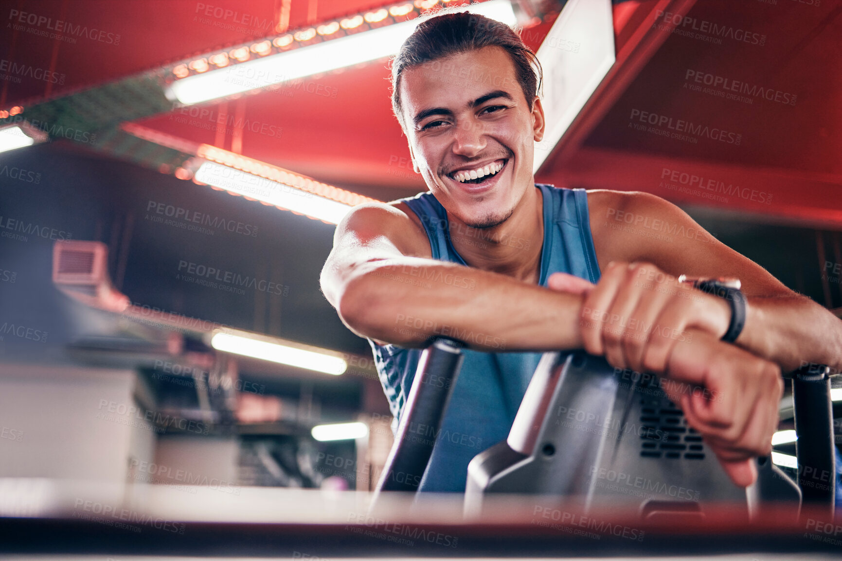 Buy stock photo Fitness, gym and portrait of happy man with smile after exercise, workout and training for health and wellness. Athlete or personal trainer with energy, happiness and commitment to healthy lifestyle