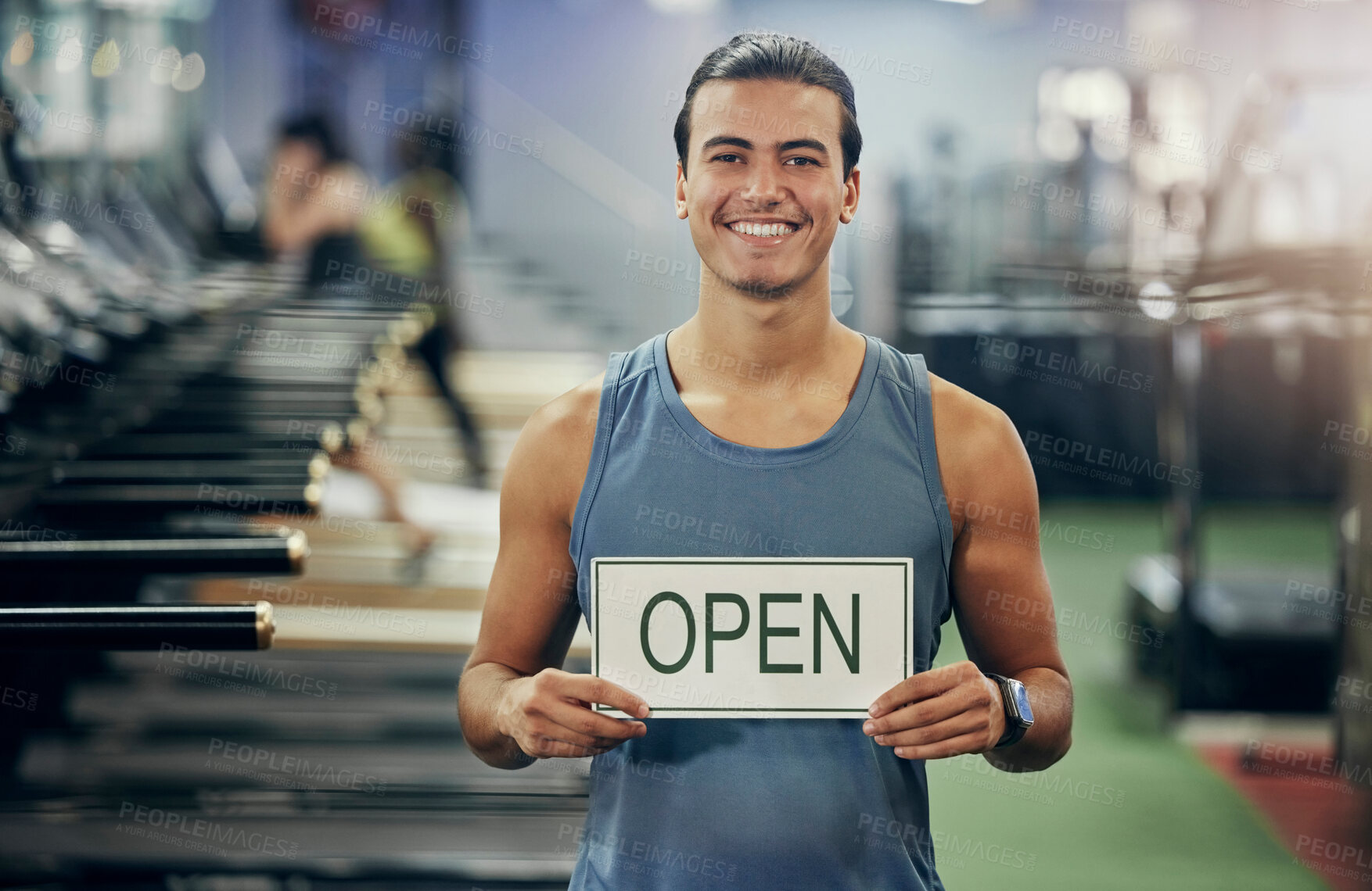 Buy stock photo Fitness, gym and owner open sign portrait with smile of man for professional fitness, training and management. Workout, wellness and muscle training expert excited and ready to coach holding sign

