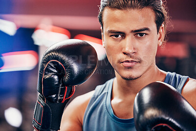 Buy stock photo Boxing, boxer and man with fitness boxing gloves in portrait, sport training and motivation for healthy life. Athlete, martial arts or mma fighter with exercise and workout, wellness and cardio.  