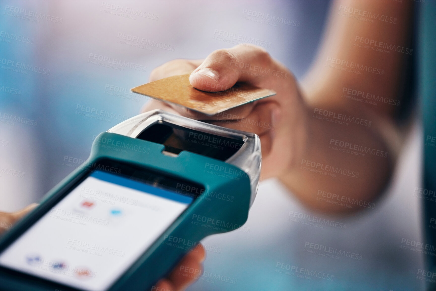 Buy stock photo Credit card payment, shopping and closeup at digital nfc terminal for money, pos or cashier at shop. Woman, hand and card for service, discount or cashless purchase with retail, tech or help at store