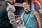 Men, credit card machine or payment in gym membership, personal trainer access or fitness coaching subscription. Banking device, nfc or cashless transaction or happy, smile or training sports athlete