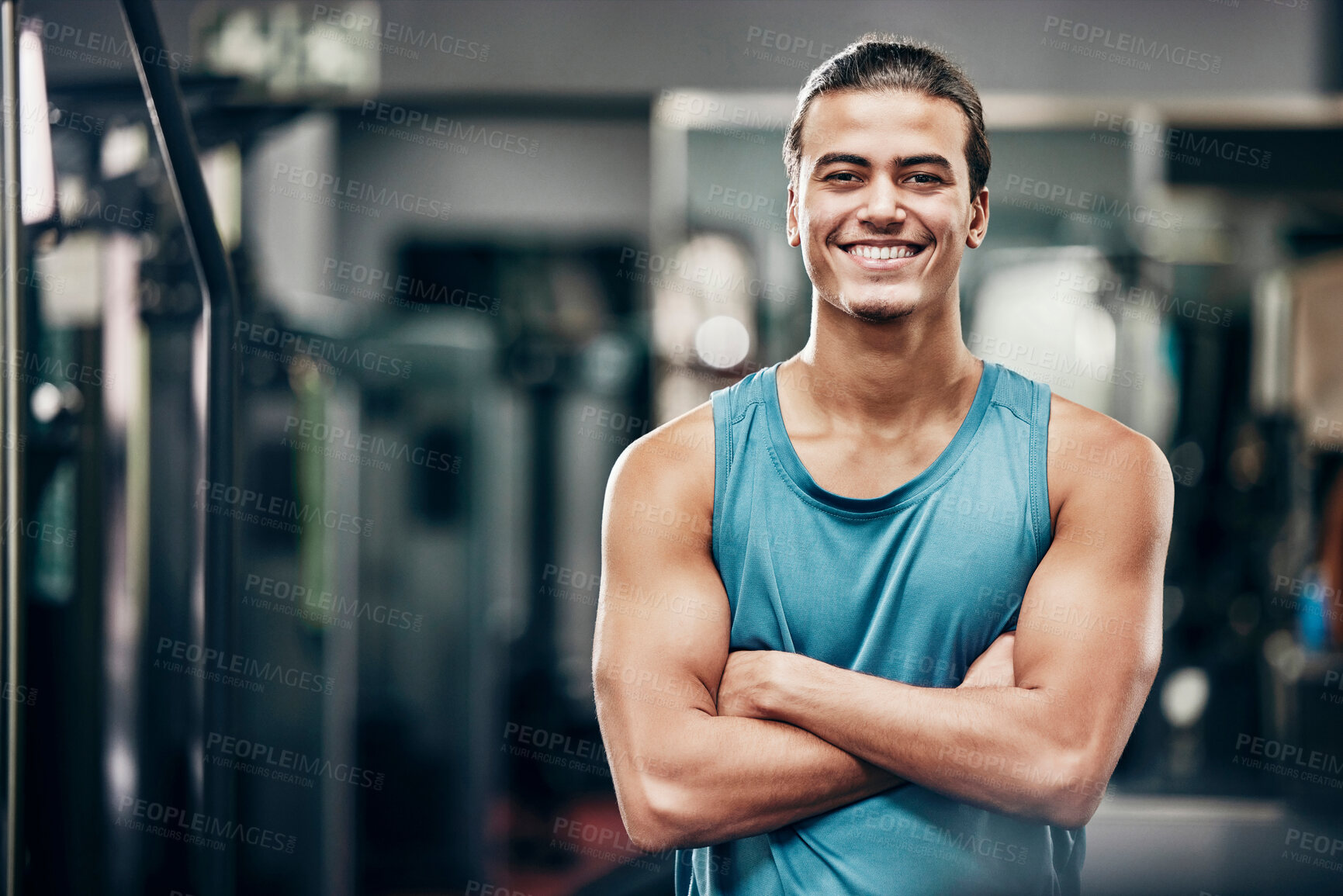 Buy stock photo Personal trainer in gym, portrait of man from healthy lifestyle and fitness motivation of strong guy in Mexico. Confident mexican coach, training body goals with workout and wellness strength trainer