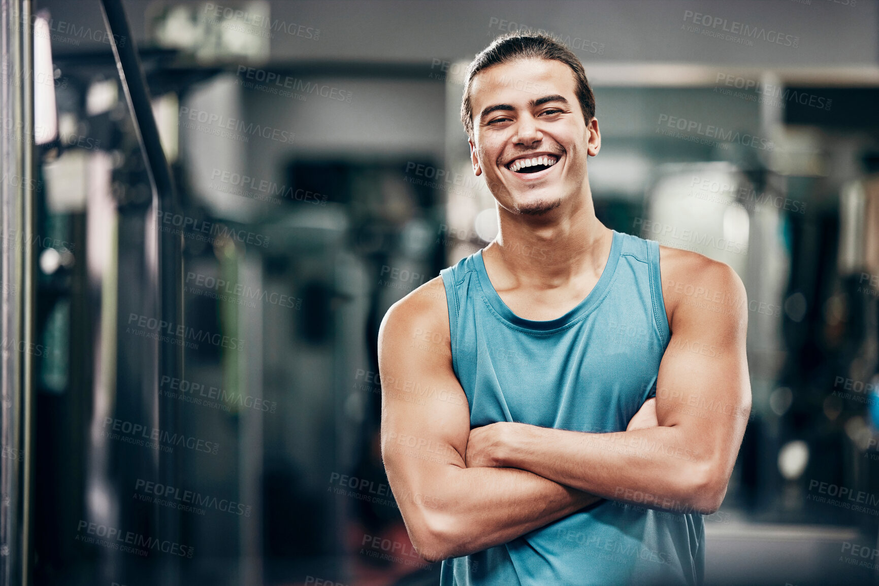 Buy stock photo Fitness, gym and happy portrait of personal trainer man ready for workout coaching. Training, wellness and exercise coach confident with arms crossed at professional athlete health club.