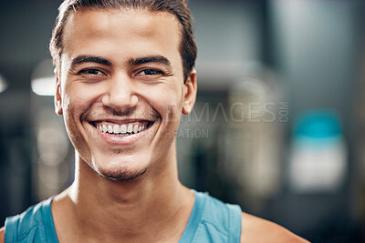 Buy stock photo Portrait, gym and sports man with smile for wellness, fitness and healthy lifestyle, wellness with motivation, commitment and our vision. Face of an athlete with workout, exercise or training mission