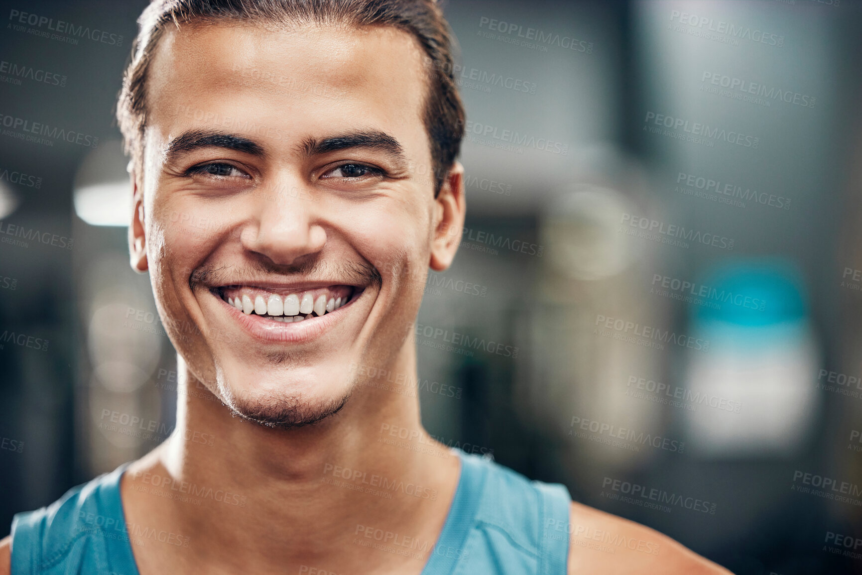 Buy stock photo Portrait, gym and sports man with smile for wellness, fitness and healthy lifestyle, wellness with motivation, commitment and our vision. Face of an athlete with workout, exercise or training mission