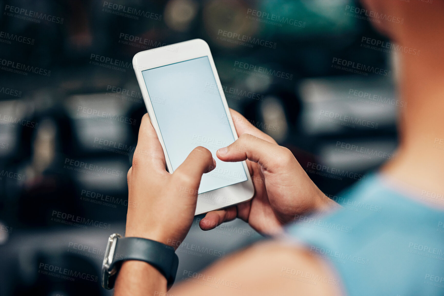 Buy stock photo Smartphone, screen mockup and man hands with fitness communication, social media update or website information on mobile app. Gym, training and sports person typing health progress on a cellphone