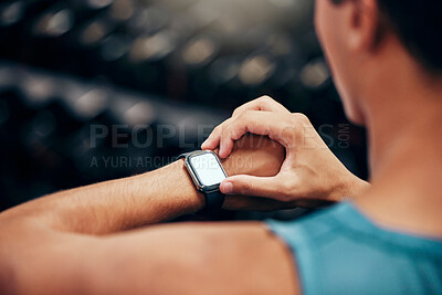 Buy stock photo Man, smartwatch and closeup of app for health, wellness and fitness while running, exercise or workout. Runner, smart watch or time on digital tech for training, sport or cardio information on screen