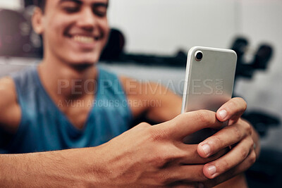 Buy stock photo Zoom, fitness or happy black man with phone in gym for networking, social media app or communication. Hands, smile or man with smartphone, tech or success contact us website search in exercise studio