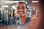 Portrait of man, gym selfie and hand on camera lense to film influencer web video for social media, internet fitness blog and sharing online. Workout motivation, sports exercise and wellness training