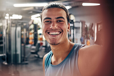 Buy stock photo Portrait of man, gym selfie and fitness influencer workout for motivation, sports cardio exercise and wellness training. Happy smile, athlete building muscle and healthy weight lifting for strength 
