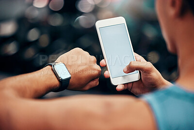 Buy stock photo Mockup, tech and woman with smartwatch and phone linking mobile app, time and online data. Advertising, marketing and person using smartphone and digital wristband with blank, empty screen