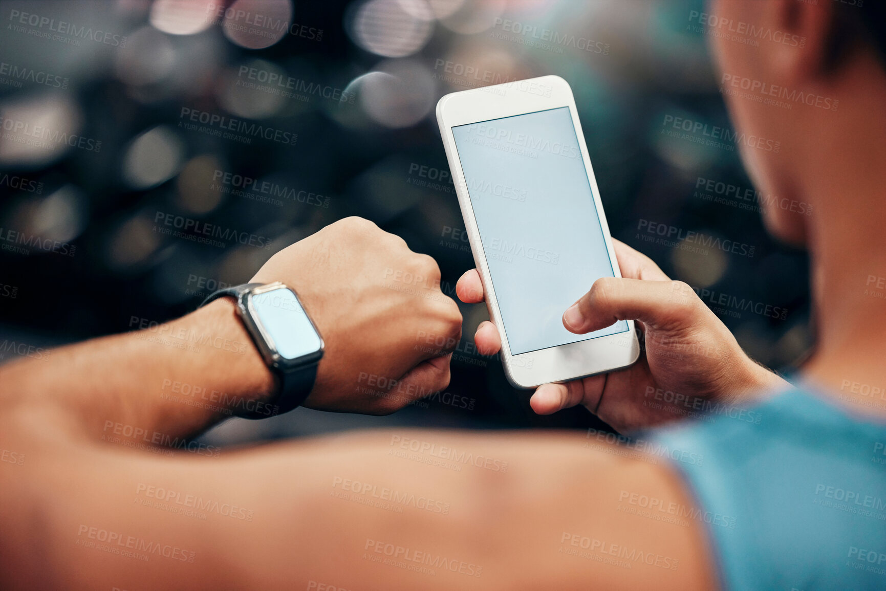 Buy stock photo Mockup, tech and woman with smartwatch and phone linking mobile app, time and online data. Advertising, marketing and person using smartphone and digital wristband with blank, empty screen