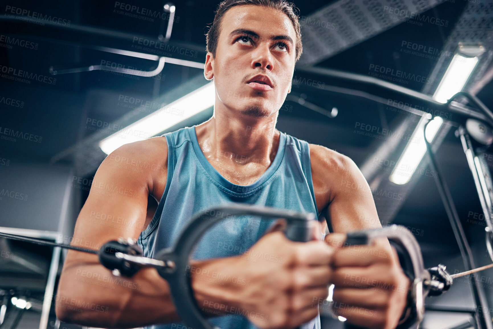Buy stock photo Fitness, exercise and man focus in gym to build muscles, sport strength and training healthy muscle growth wellness. Cable fly machine, weight lifting shoulder workout and strong athlete motivation 
