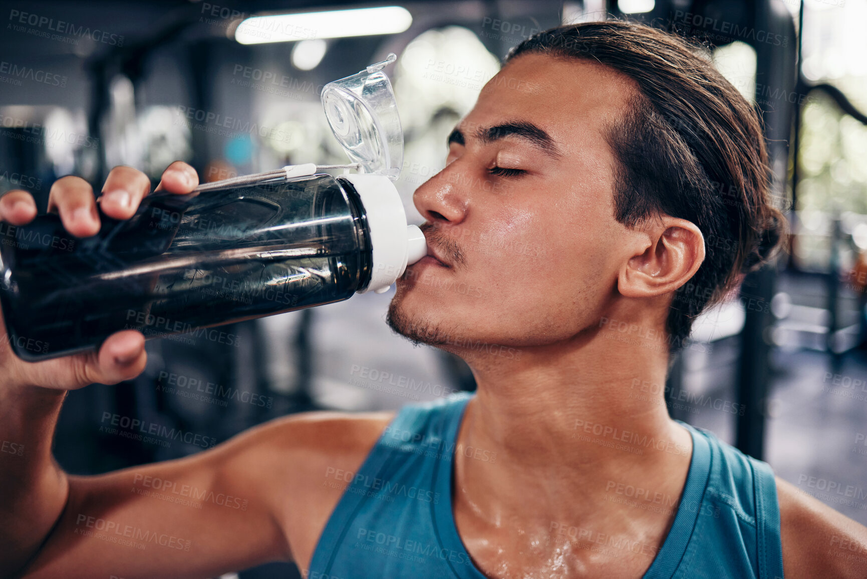 Buy stock photo Drinking water, fitness and gym man with challenge workout training for muscle, power and energy with motivation, goals and sweating. Tired sports, athlete person with water bottle in health exercise