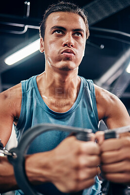 Buy stock photo Workout, cable machine and health sweat of strong man breathing for endurance, power and exercise. Wellness, cardio and fitness mindset of focused athlete training body in professional gym.