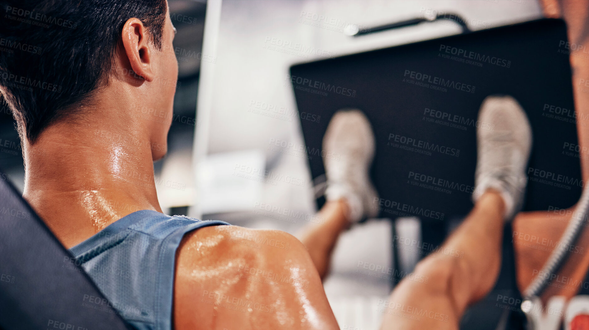 Buy stock photo Fitness, man sweating using leg press for workout, health and wellness, strong muscle and cardio in gym. Exercise motivation, body and weight training with sports and active, healthy lifestyle. 