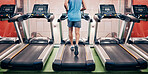 Running, fitness and exercise on treadmill in gym for healthcare motivation goal. Speed runner, sports workout and healthy marathon training or cardio wellness machine for race in health club